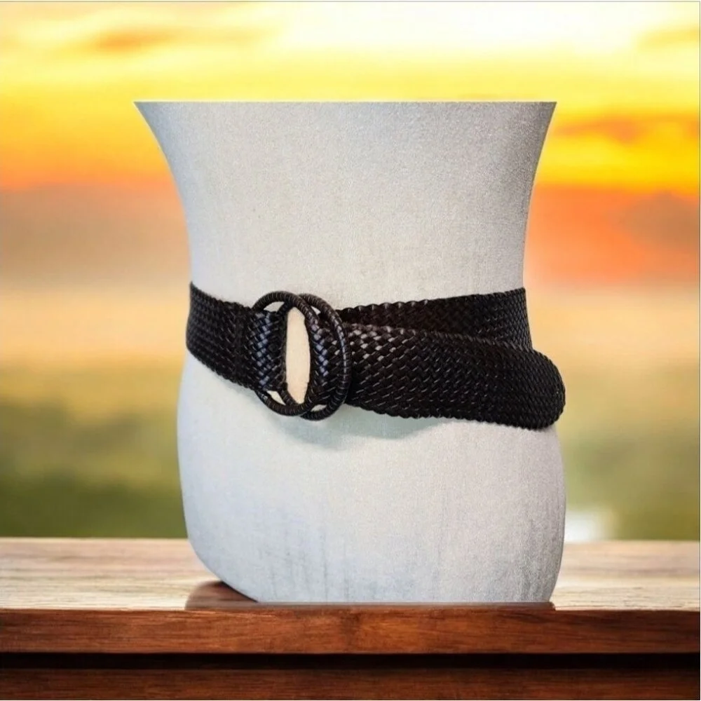 Women's Woven Double Ring Wide Belt Brown One Size Boho Festival Coachella Y2K